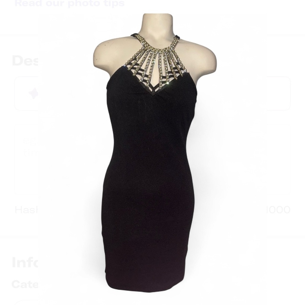 Almost Famous black halter dress gold beaded neck cocktail party holiday Medium